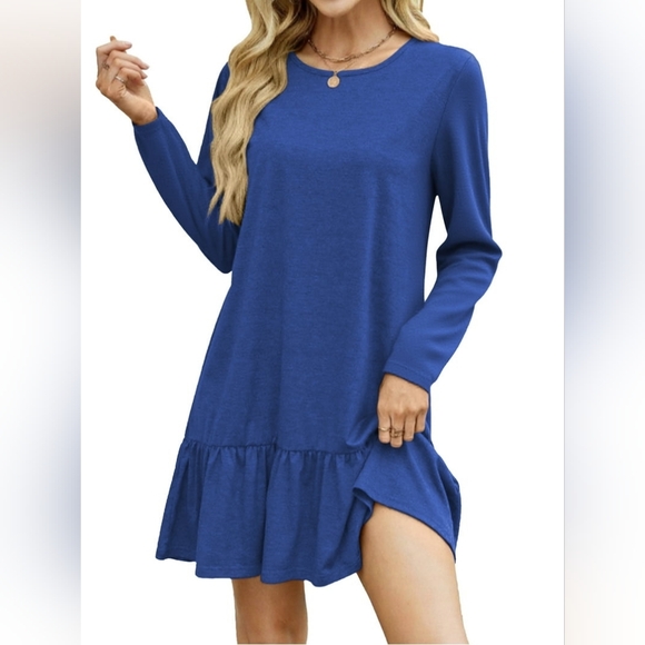 Dresses & Skirts - Womens Casual Crew Neck Ruffle Hem Mini Dress Loose Fit Denim Blue NWOT